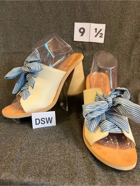 DSW Cream Slide Mules with Blue Striped Bow